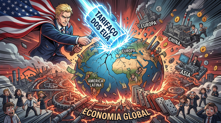 Illustration of a person representing the USA striking Earth with a hammer labeled Tarifaço dos EUA, causing cracks and disrupting global economy with regions like Europe, Latin America, China, and Asia affected.